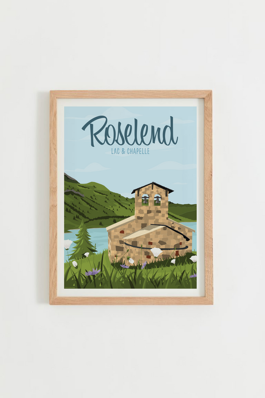 Affiche Lac de Roselend – chapelle Sainte Marie Madeleine et lac turquoise, cadre bois clair