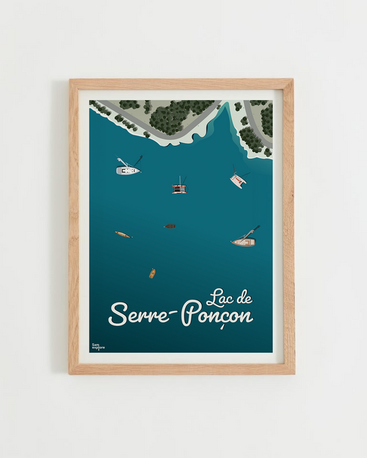 Affiche Lac de Serre-Ponçon – vue aérienne du lac et plage de Chanteloube, cadre bois clair