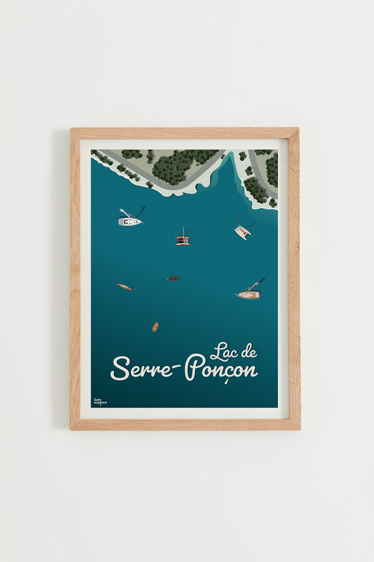 Affiche Lac de Serre-Ponçon – vue aérienne du lac et plage de Chanteloube, cadre bois clair