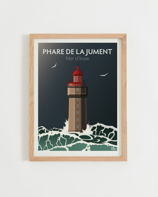 Affiche Phare de la Jument – phare d’Ouessant sur la mer d’Iroise, cadre bois clair