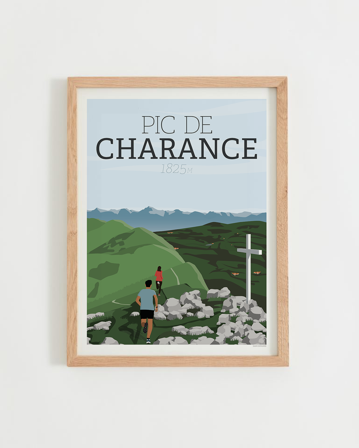 Affiche Pic de Charance – randonneurs sur les crêtes de Charance à Gap, cadre bois clair