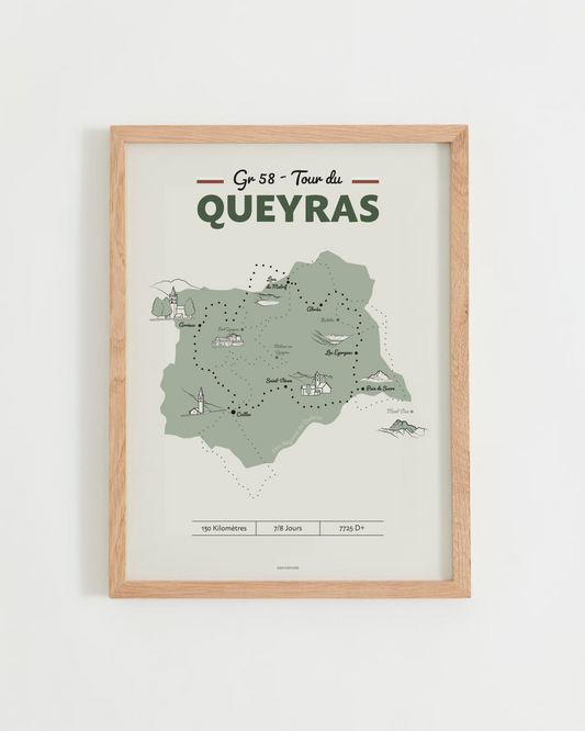 Affiche Queyras – Tour du GR58 et sommets du Parc Naturel Régional, cadre bois clair