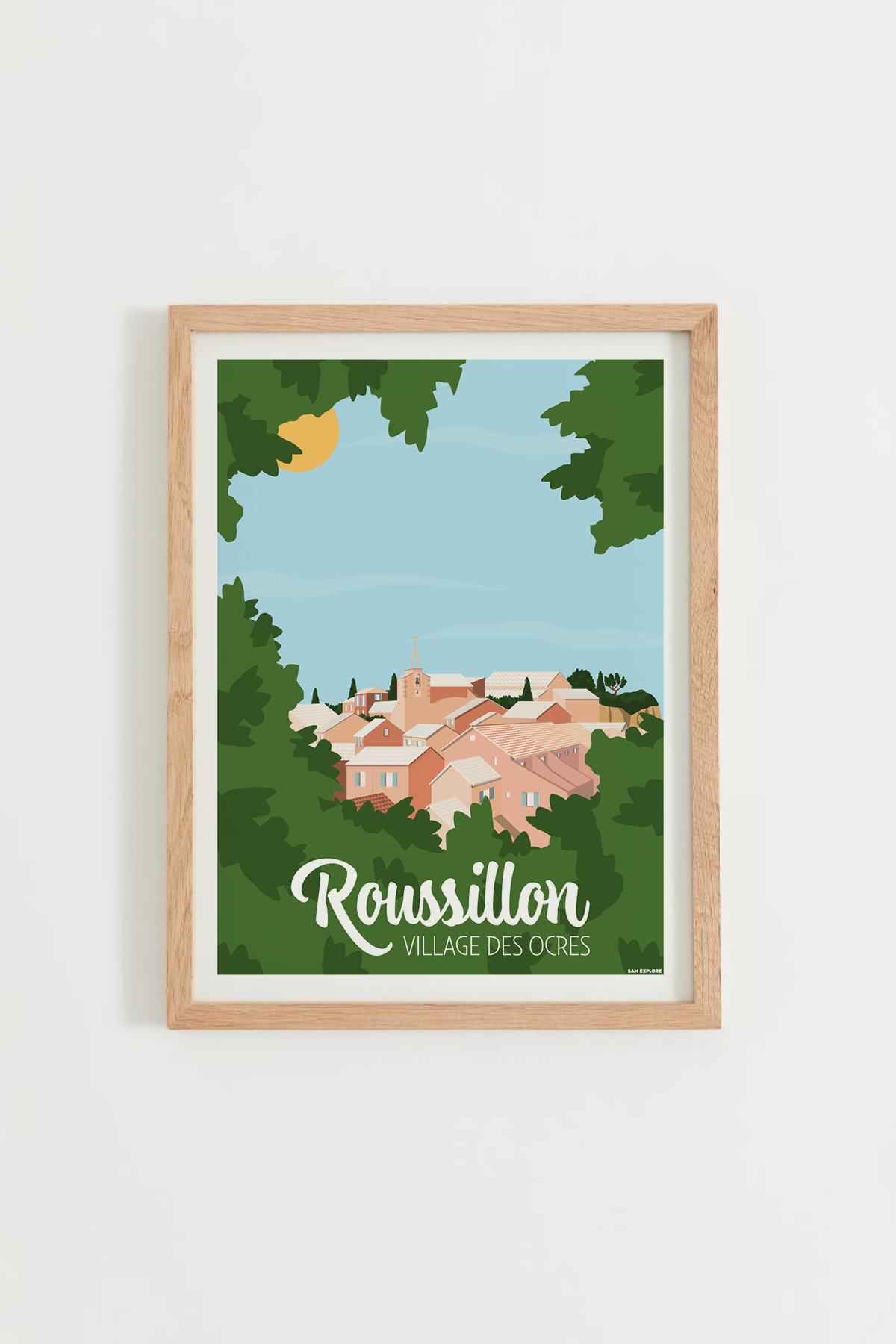 Affiche Roussillon – falaises d’ocre et village du Luberon, cadre bois clair