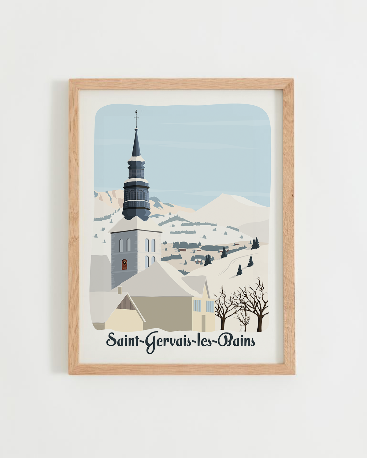 Affiche Saint-Gervais-les-Bains, église de Saint-Gervais, paysage enneigé 