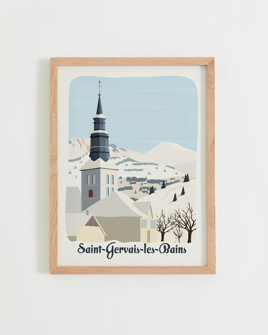 Affiche Saint-Gervais-les-Bains, église de Saint-Gervais, paysage enneigé 