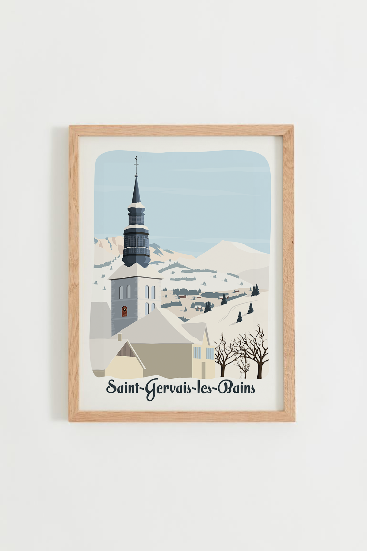 Affiche Saint-Gervais-les-Bains, église de Saint-Gervais, paysage enneigé 