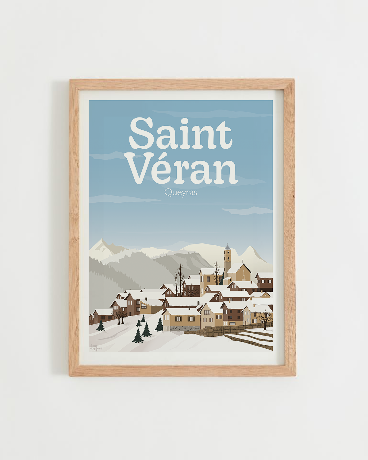 Affiche Saint-Véran – village enneigé du Queyras, plus haute commune d’Europe, cadre bois clair