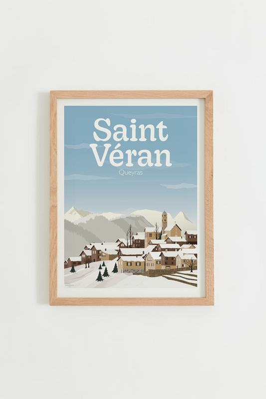 Affiche Saint-Véran – village enneigé du Queyras, plus haute commune d’Europe, cadre bois clair