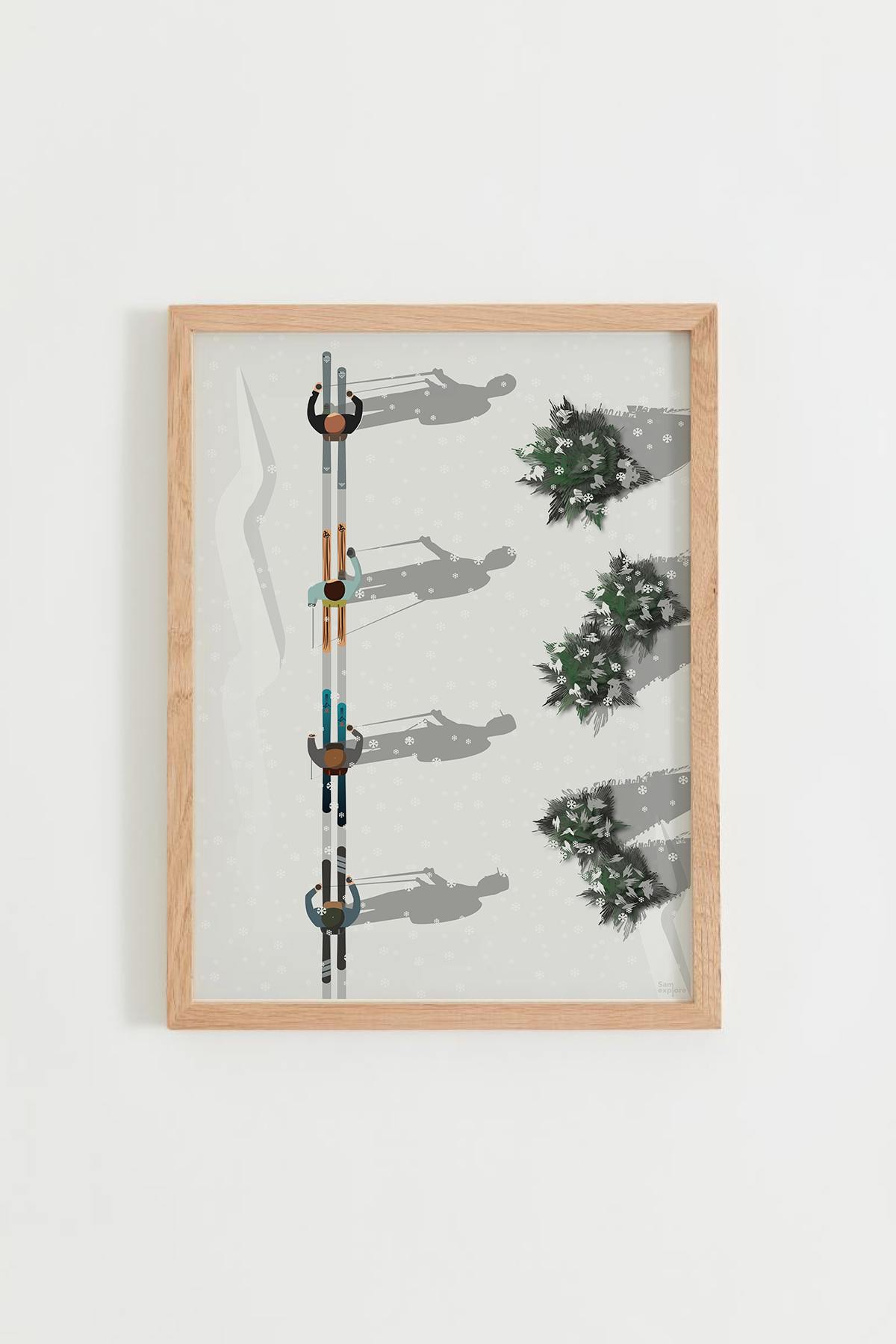 Affiche Ski de Randonnée – skieurs en montagne vue aérienne, cadre bois clair