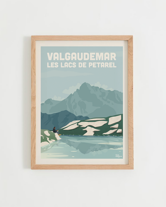 Affiche Valgaudemar – lacs de Pétarel et montagnes, cadre bois clair